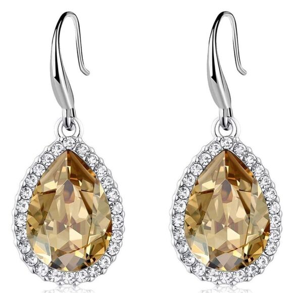 14K White Gold with Champagne Topaz Austrian Crystal Teardrop Halo Hook Earrings - Picture 1 of 6